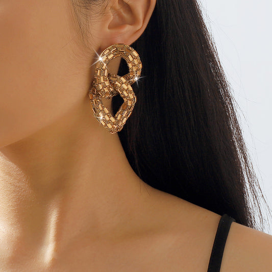 Entry Lux Full Diamond Hollow Exaggerated Geometry Chain Earrings