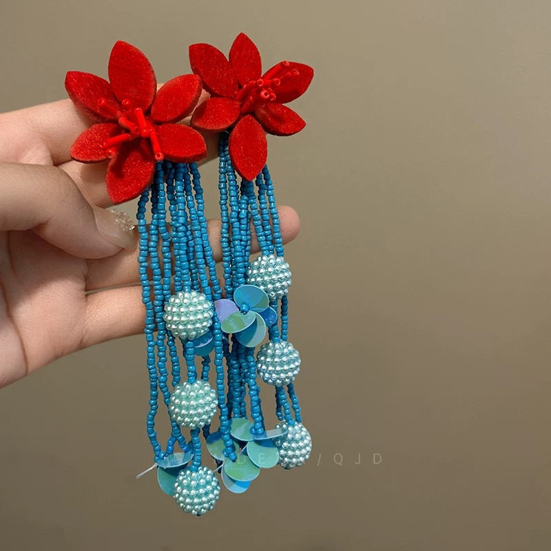 Dopamine Vacation Style Sier Needle Bead Flower Delicate Indie Earrings