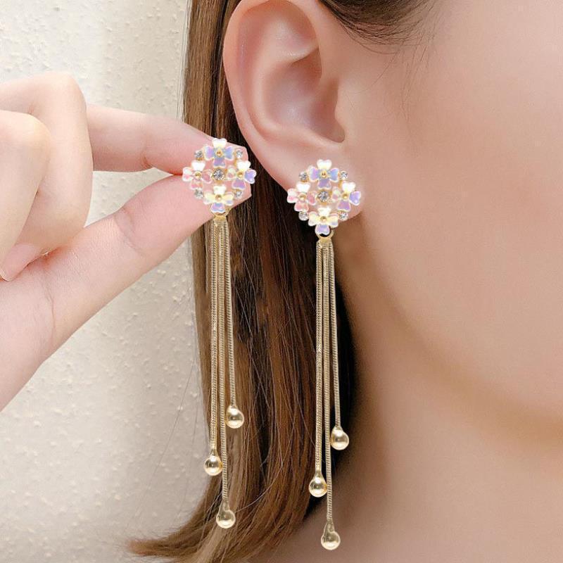 Flower Refined Long High-grade Tassel Affordable Luxury Fashion Sier Needle Earrings