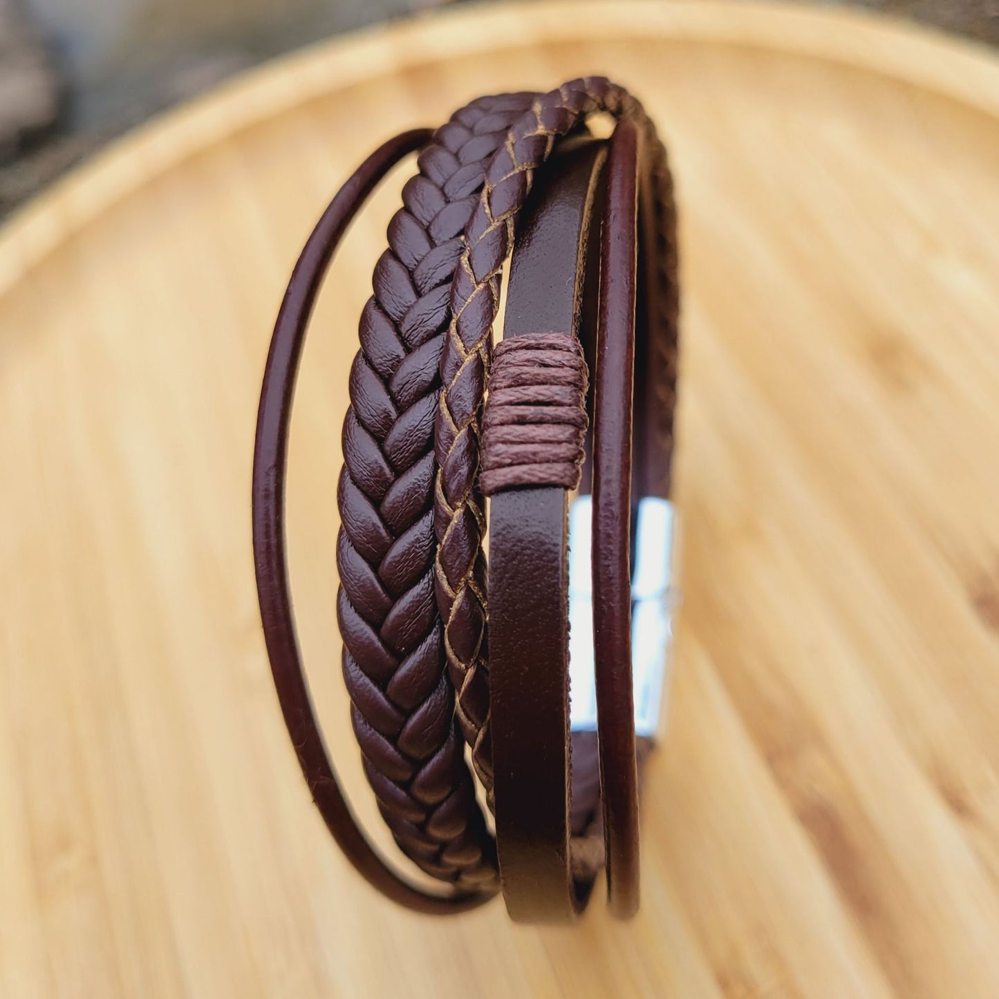 Men's Trendy Cowhide String Woven Leather Alloy Magnetic Bracelet