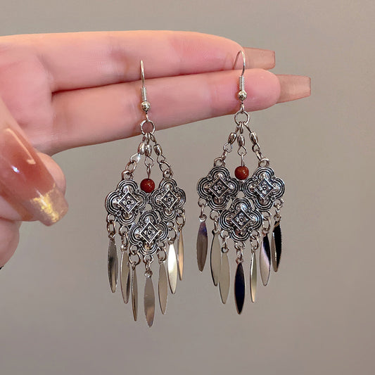 High-grade Tibetan Sier Summer Long Tassel Earrings