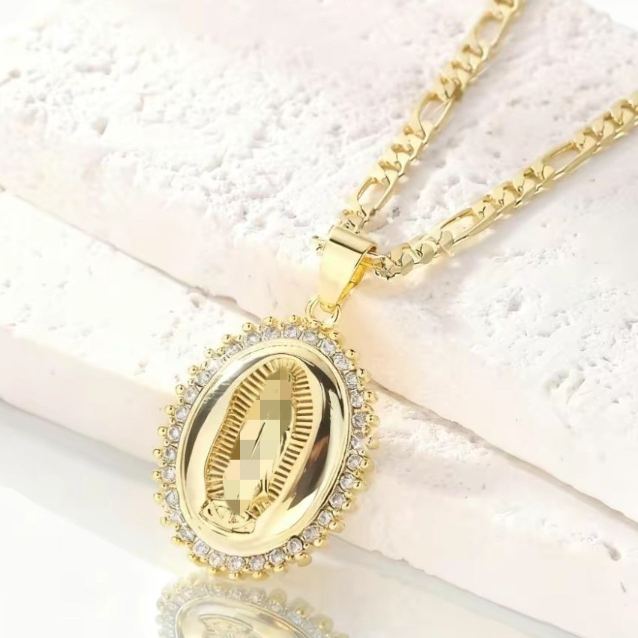 Mary Oval Gold Cubic Zirconia Religious Necklace