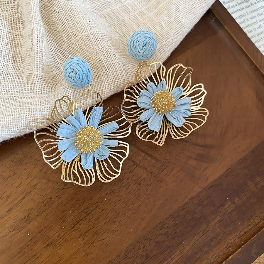 Vacation Style Metal Raffia Flower Sier Sweet Fresh Earrings