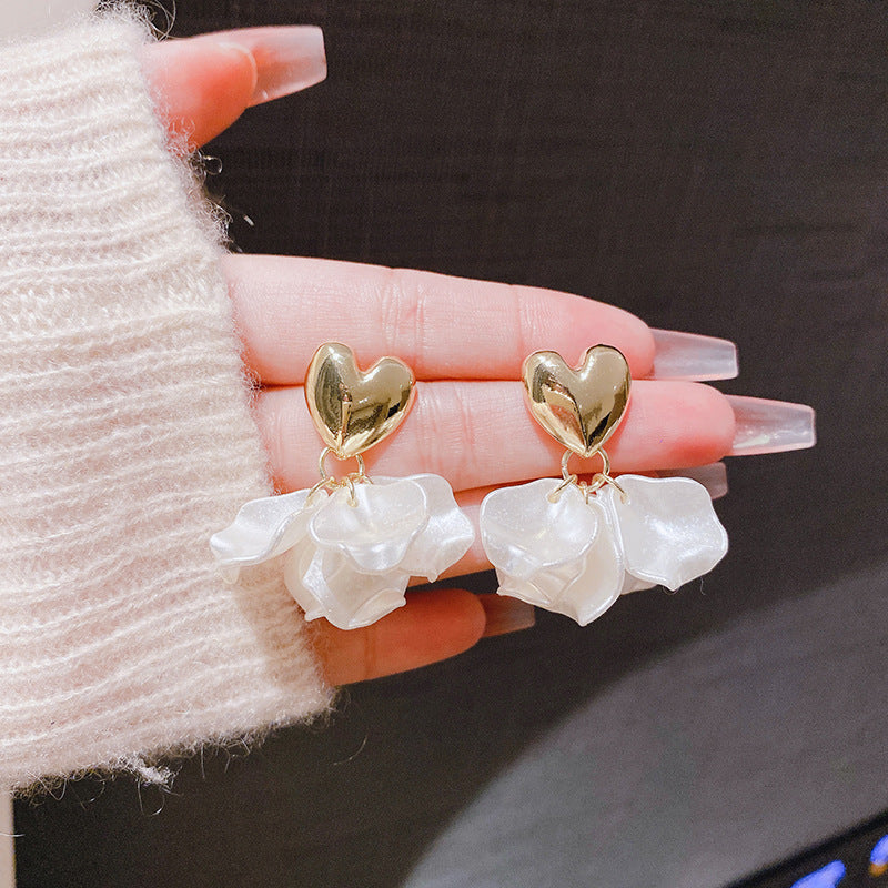 Women's Colorful Water Drop Rose Pearl Petals Mori Temperament Three-dimensional Flower Earrings