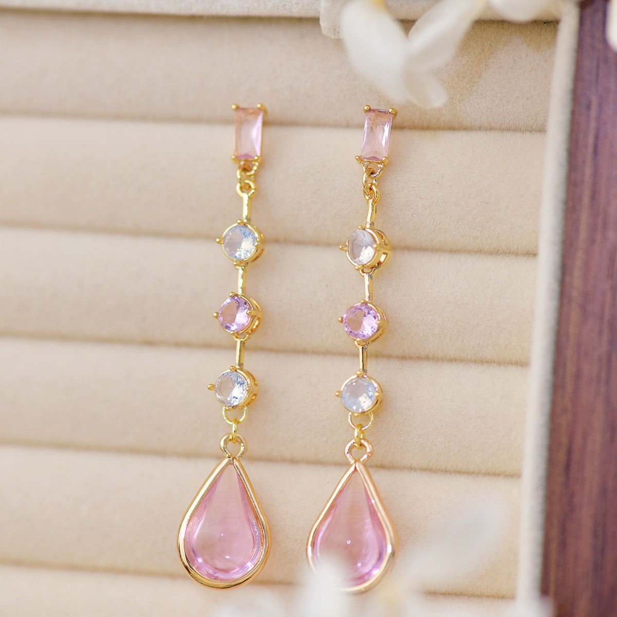 Pink Crystal Peach Blossom Tears Long Earrings