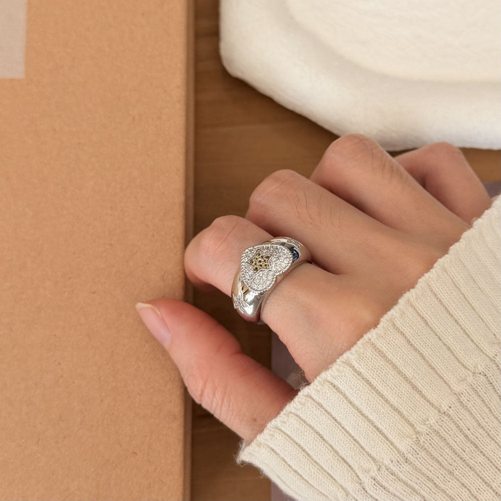 Women's Sier Inlaid Zirconium Love Heart-shaped Fashion Trend Design Twin Ring
