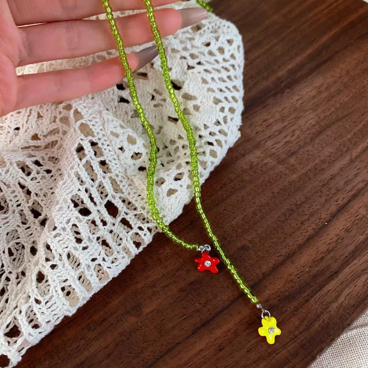 Green Beads Stringed Sweet Bow Flower Tassel Niche High Class Necklace