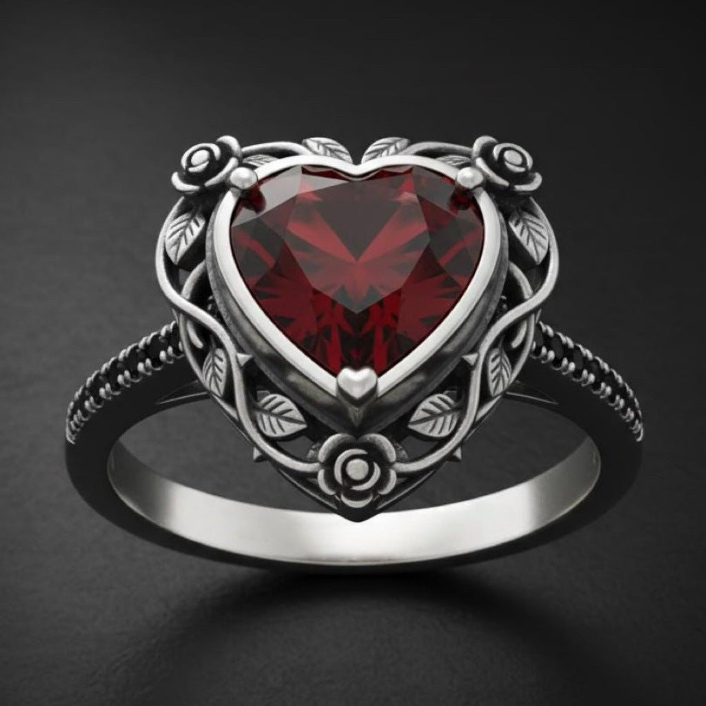 Women's Rose Red Love Heart-shaped Alloy Inlaid Rings