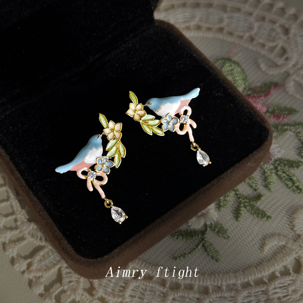 Glazed Flying Bird Collection Micro Inlaid Zircon Sier Needle Fresh Earrings