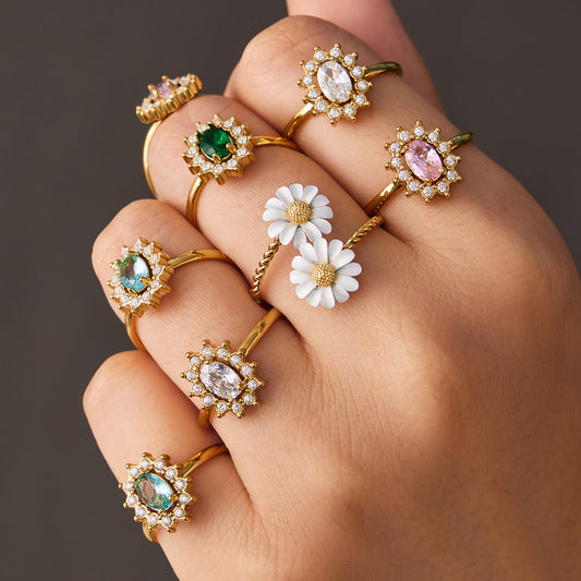 Women's Steel Colored Glass Flower Open Gold Ring