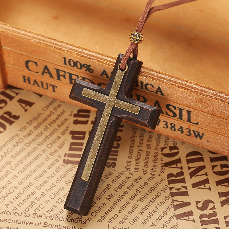 Retro Handmade Alloy Wood Cross Boys Necklace