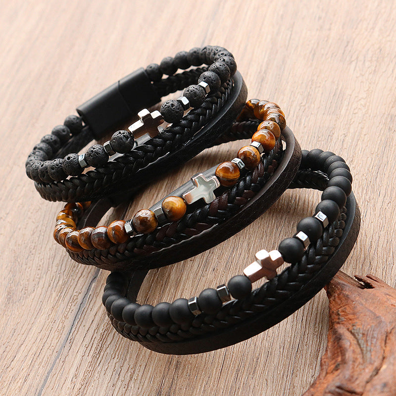 Men's Natural Stone Stainless Steel Tigereye Volcanic Bracelets