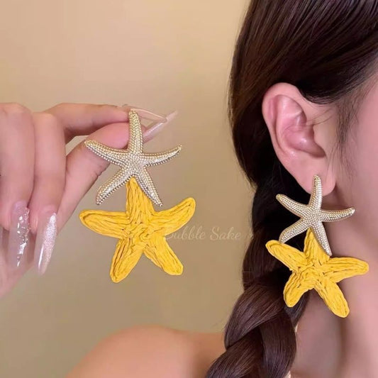 Island Holiday Blue Straw Starfish Female Exaggerated Personalized Seaside Vacation Earrings