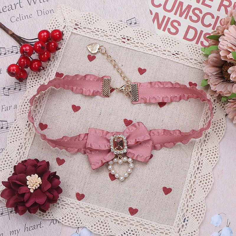 Handmade Style Sweet Cute Lady Bow Rhinestone Love Necklace
