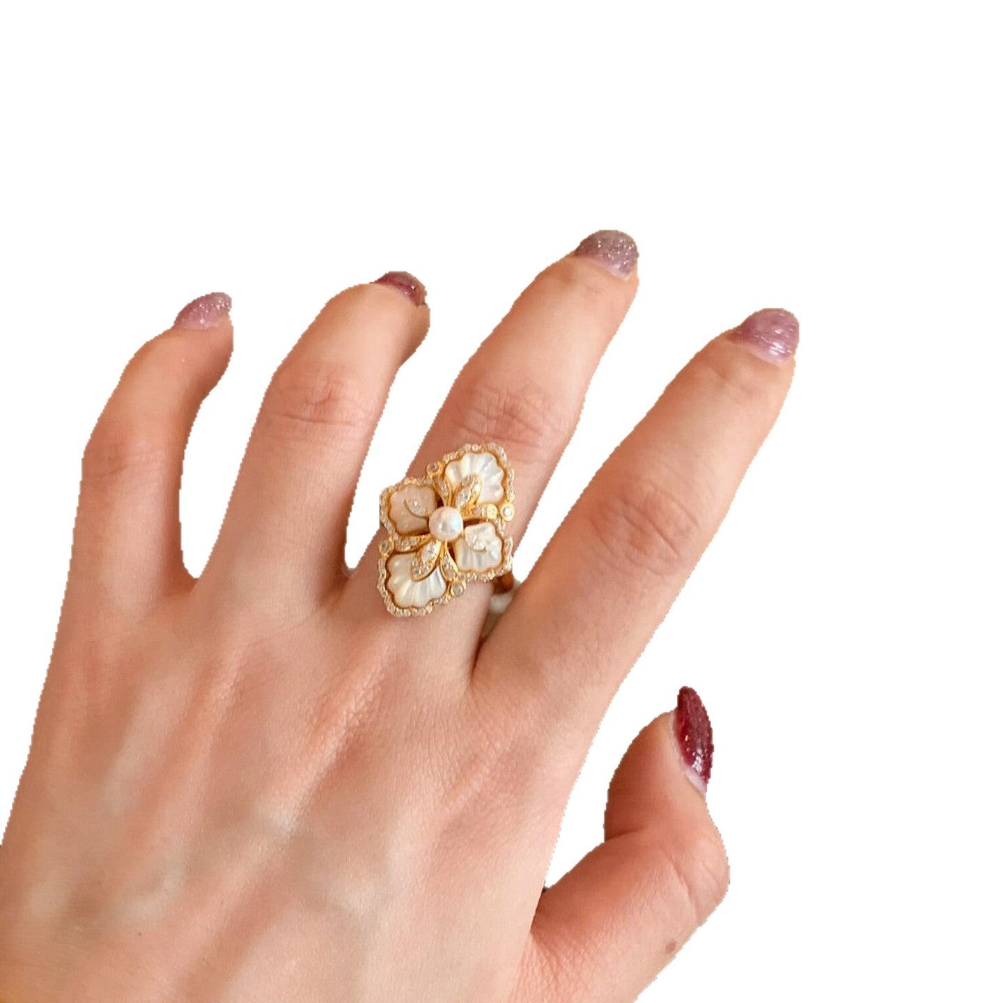 Women's Embossed Four-leaf Flower Twin Horse Eye Diamond Ring