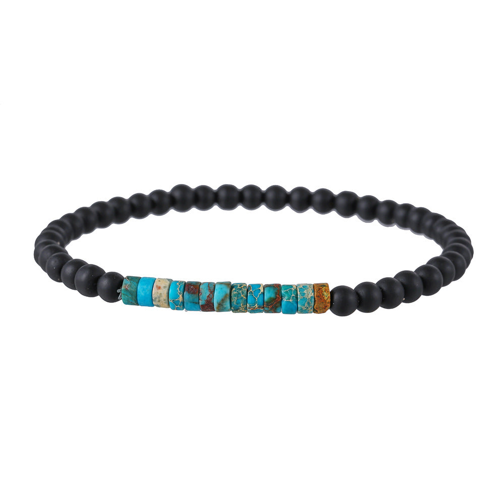 Men's Turquoise Stone Wafer Stitching Extremely Fine Black Frosted Beaded Artistic Rings