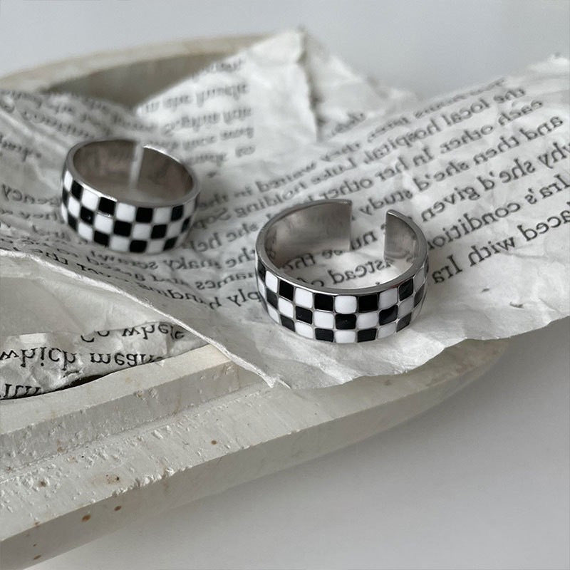 Korean Style Checkerboard Female Retro Fashion Personalized Mesh Design Open Rings