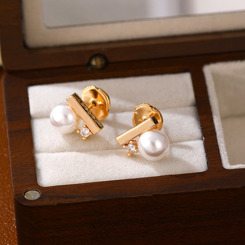 Women's Sier Needle Niche Inlaid Zircon Pearl Simplicity Small Versatile High Earrings