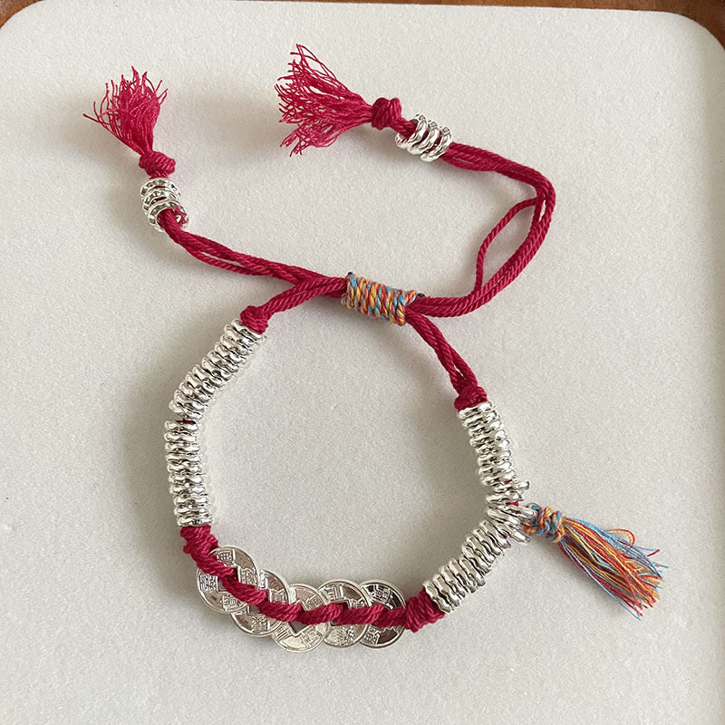 Sier Red Carrying Strap Chinese Round Dynasty Five Coins Hand-woven Bracelet