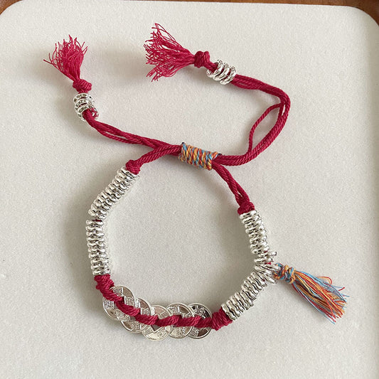 Sier Red Carrying Strap Chinese Round Dynasty Five Coins Hand-woven Bracelet