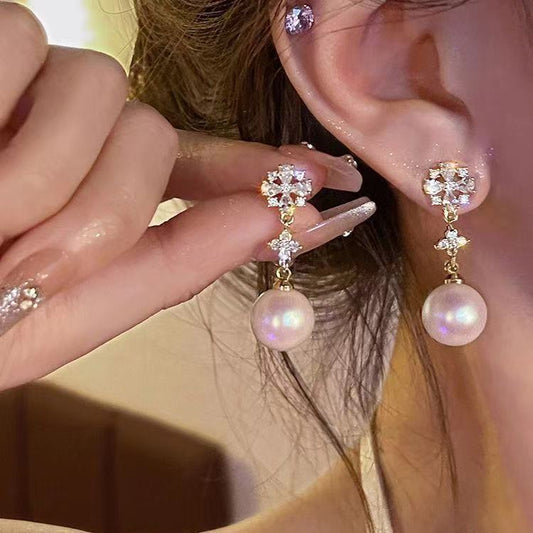 Snowflake Zircon Light Luxury Tassel Long Pearl Elegant Stud Earrings