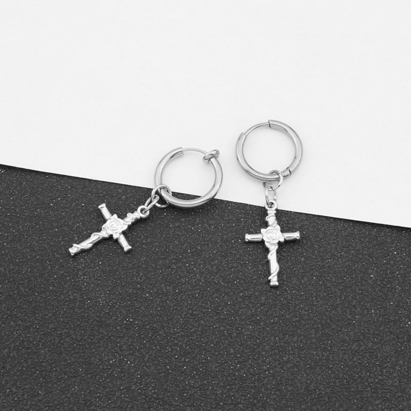 Steel Personalized Cross Rose Special Interest Earrings