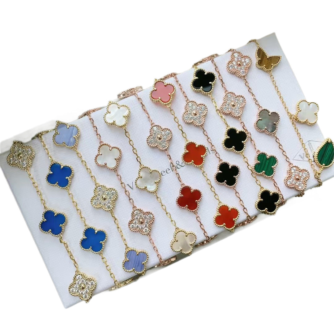 Women's Four-leaf Clover Rose Gold Red Agate Black White Shell Flower Bracelet