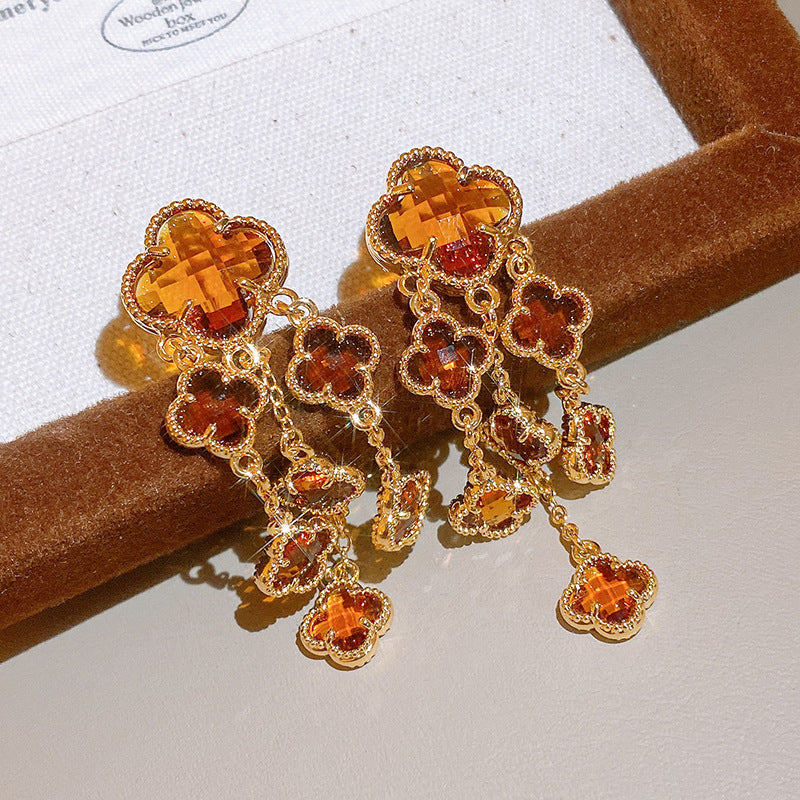 Women's Needle Inlaid Zircon Leaves Tassel Personalized Design Earrings