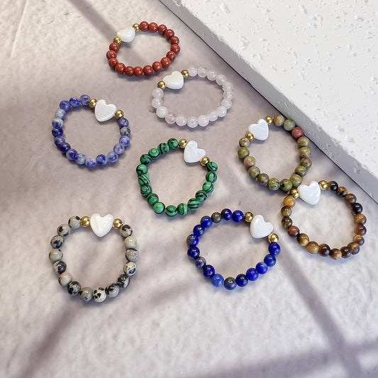 Natural Stone Stainless Steel Beaded Heart Shell Rings