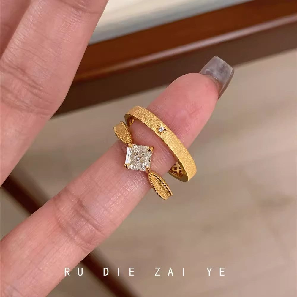 Brushed Small Square Rhinestone Female Design High-grade Light Luxury Zircon Rings