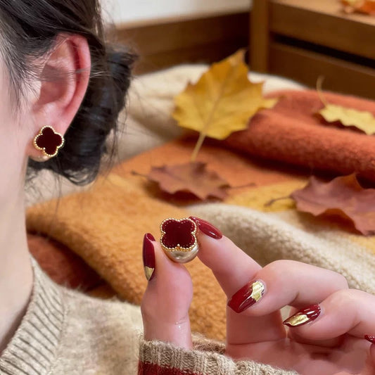 Women's Elegant Flocking Four-leaf Flower Red Design Earrings