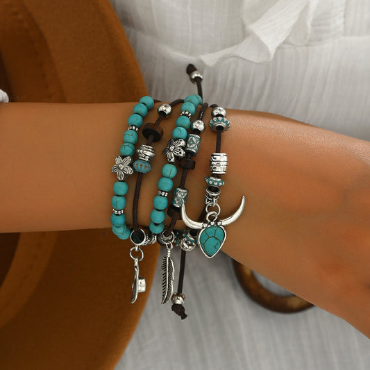 Style Bohemian Turquoise Cow Head Hat Tassel Handmade Bracelets