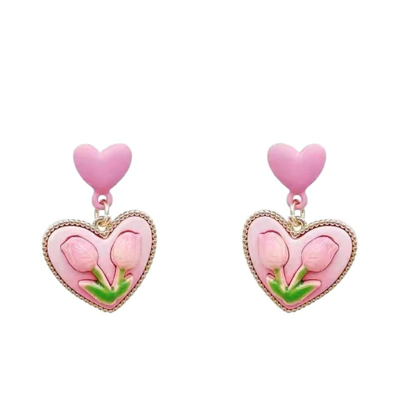 Women's Sier Needle Crystal Pearl Tulip Flower Simple Graceful Earrings