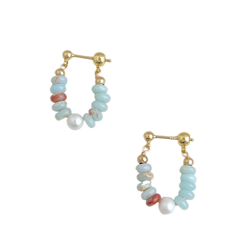 Style Handmade Freshwater Stringed Pearls Ear Chinese Natural Stone Contrast Earrings