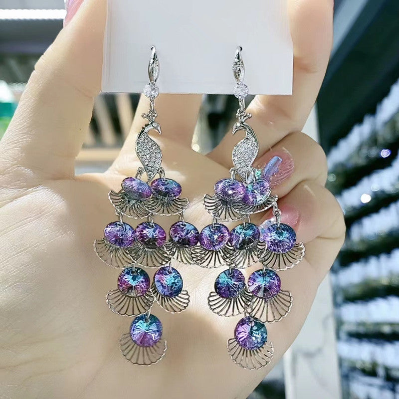 Women's Peacock Crystal Temperament Pure Color Animal Light Luxury Minority Earrings