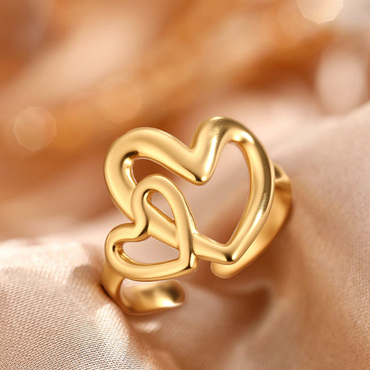Steel Sweet Double Love Heart-shaped Female Geometric Line Rings