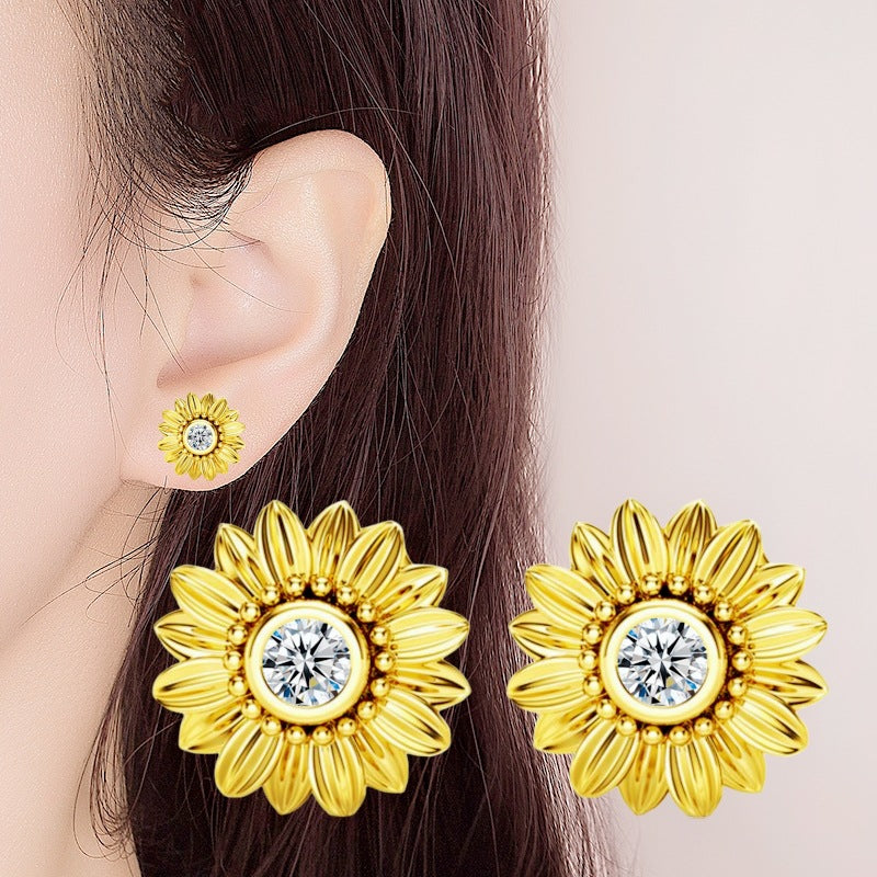 Diamond Rose Gold Plated Natural Sun Flower Ear Earrings