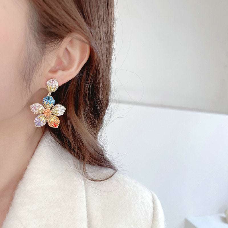 Color Zircon Exaggerated Elegant Graceful Wedding Banquet Dress With Earrings