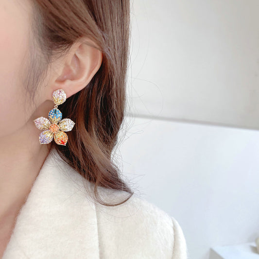 Color Zircon Exaggerated Elegant Graceful Wedding Banquet Dress With Earrings