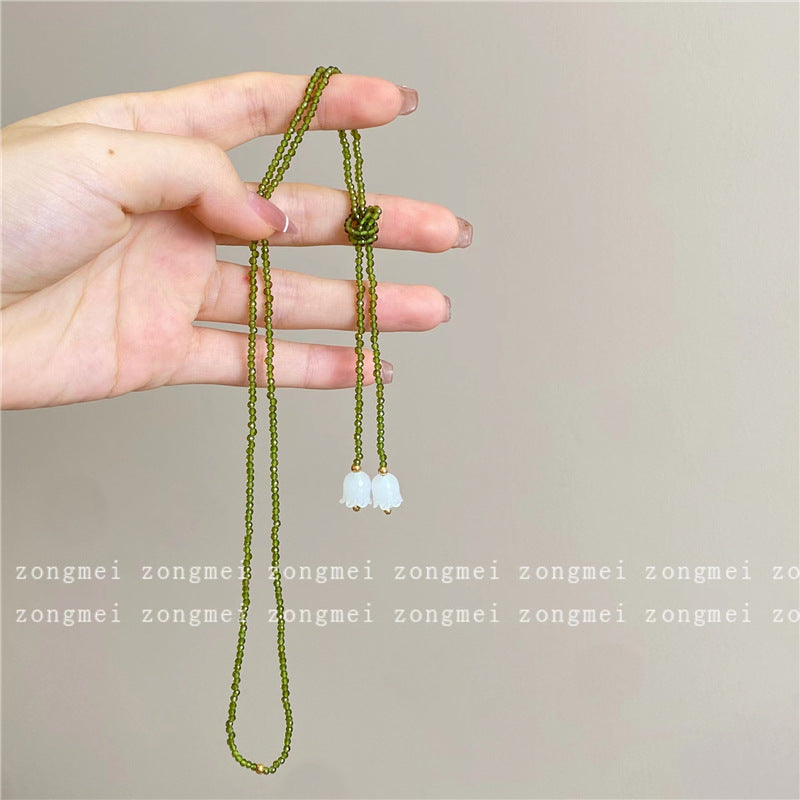 Wearing Methods Natural White Jade Lily Olive Green Crystal Winding Necklaces