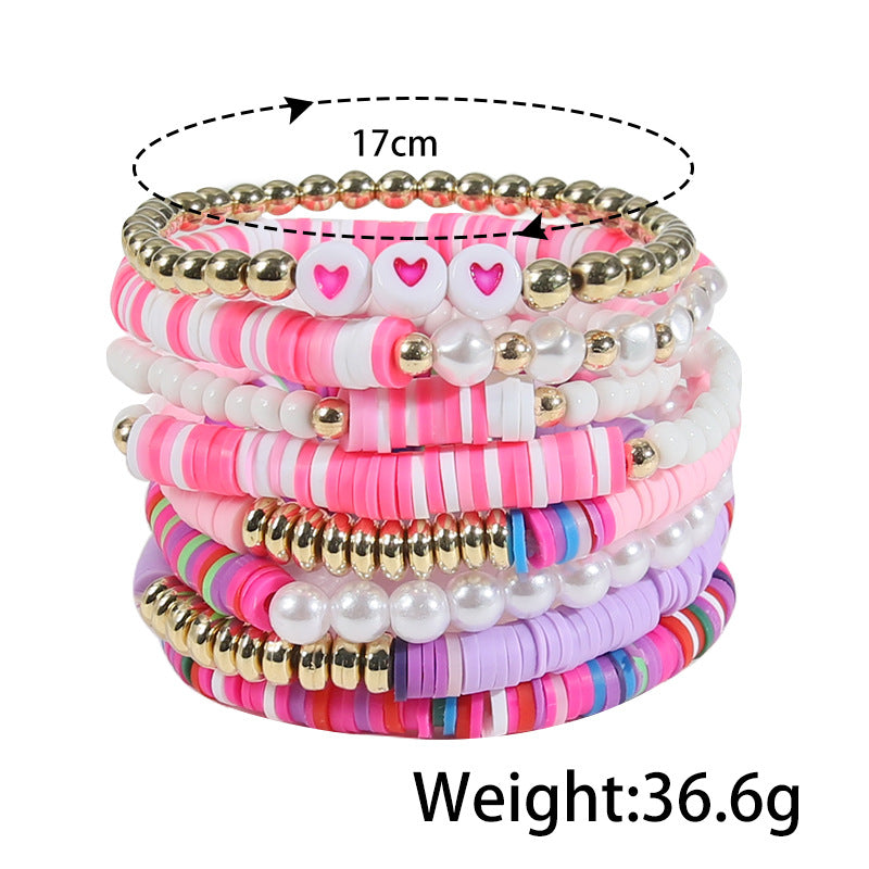 Women's Rainbow Pearl Heart-shaped Beaded Polymer Clay Bracelets