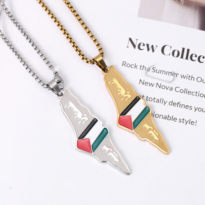 Stainless Steel Israel Palestine Flag Map Necklace