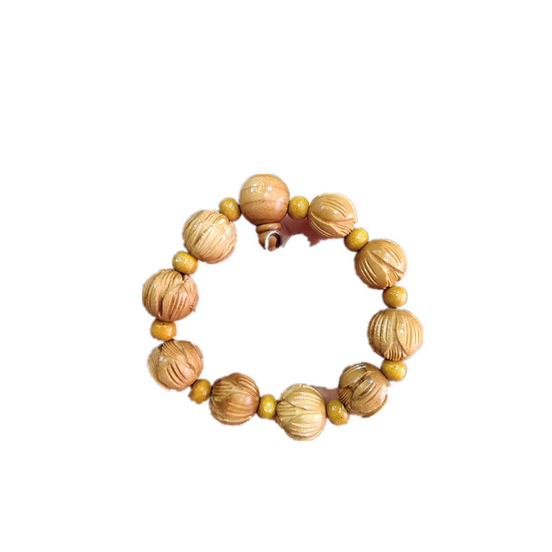 Men's Peach Wood Lotus Buddha Beads Carving Style Bracelet