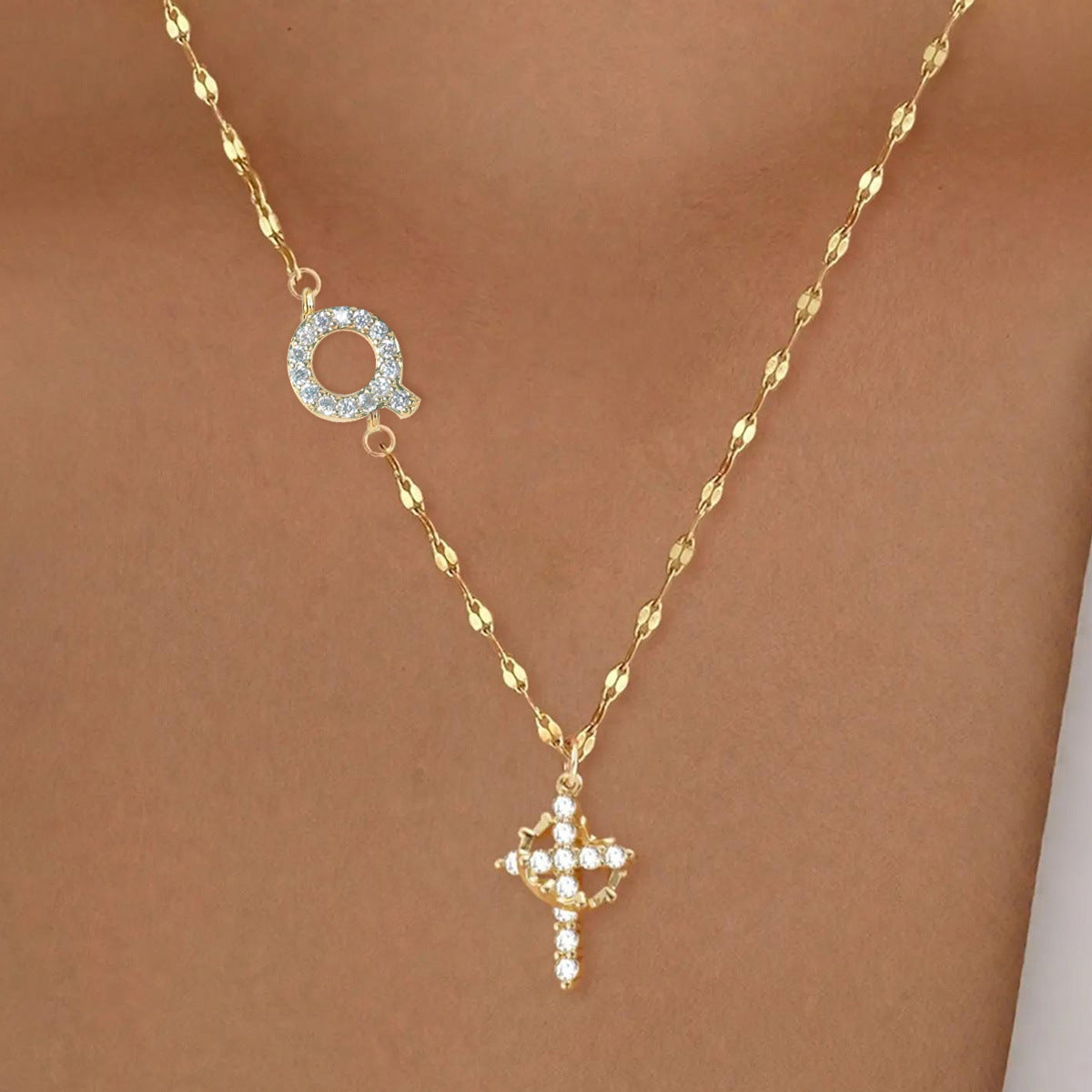 Full Diamond Rotatable Crown Cross With Letters Gold-plated Necklace