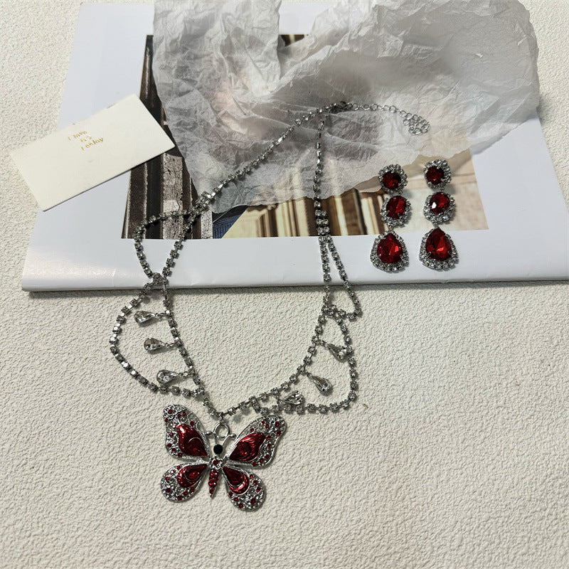 Red Butterfly Tassel Diamond Female Niche Temperament Necklaces