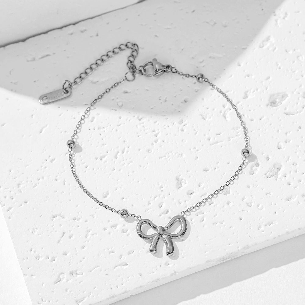 Women's Bowknot Round Beads Titanium Steel Fashion Trendy Simple Clavicle Necklaces