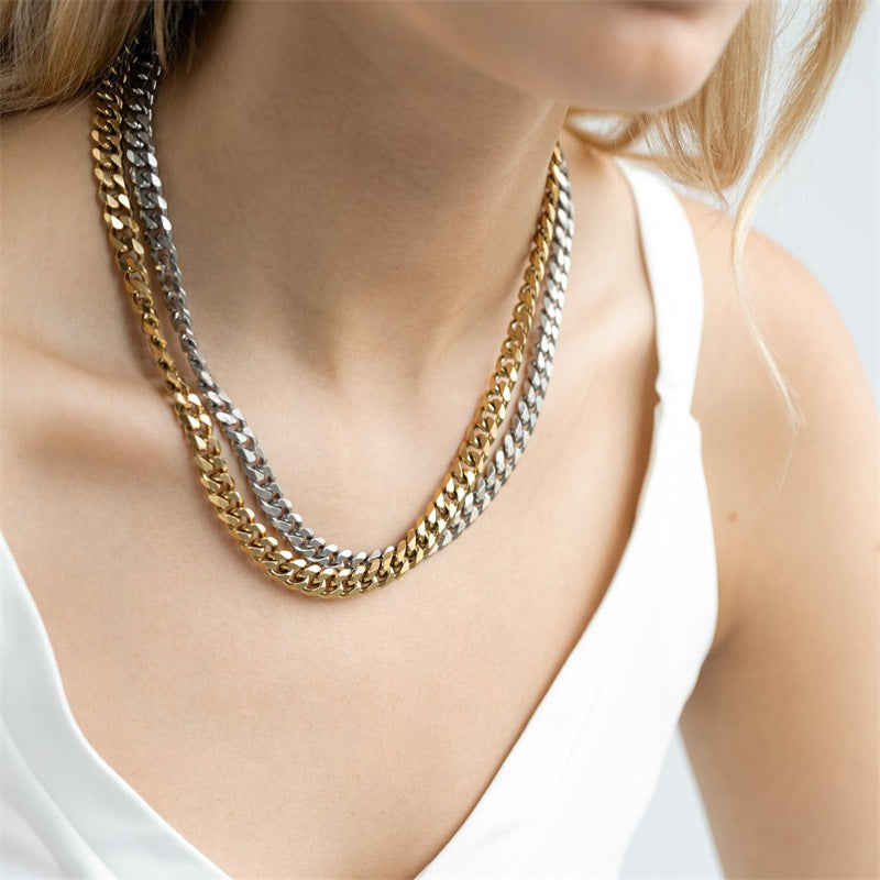 Women's & Men's Cuban Link Chain Stainless Steel Street Sweater Gold Necklaces