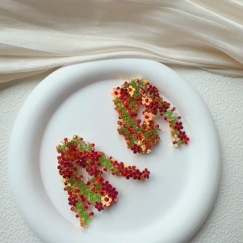 Laser Sequined Flower Tassel Vacation Style Earrings