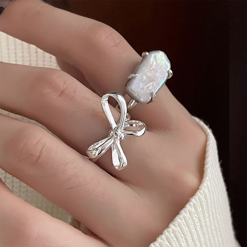 Women's Sier Simple Lines Bow Retro Fashion Rings