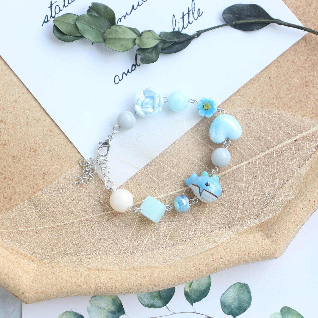 Niche Sweet Cute Stitching Style Cartoon Butterfly Tulip Glass Ceramic Bracelets